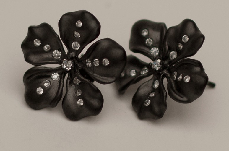 Black Gold Flower Earrings with CZ